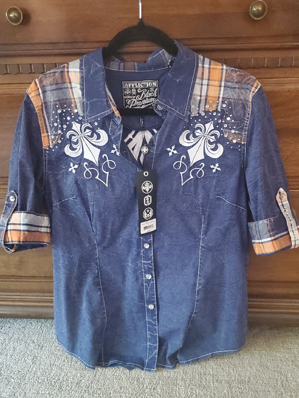 Affliction Navy Short-Sleeve Snap button-Up Shirt with Orange Plaid Accents NWT